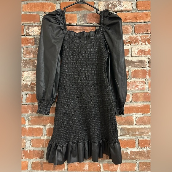 7 For All Mankind Faux Leather Smocked Ruffle Trim Mini Dress Size M - Picture 1 of 7
